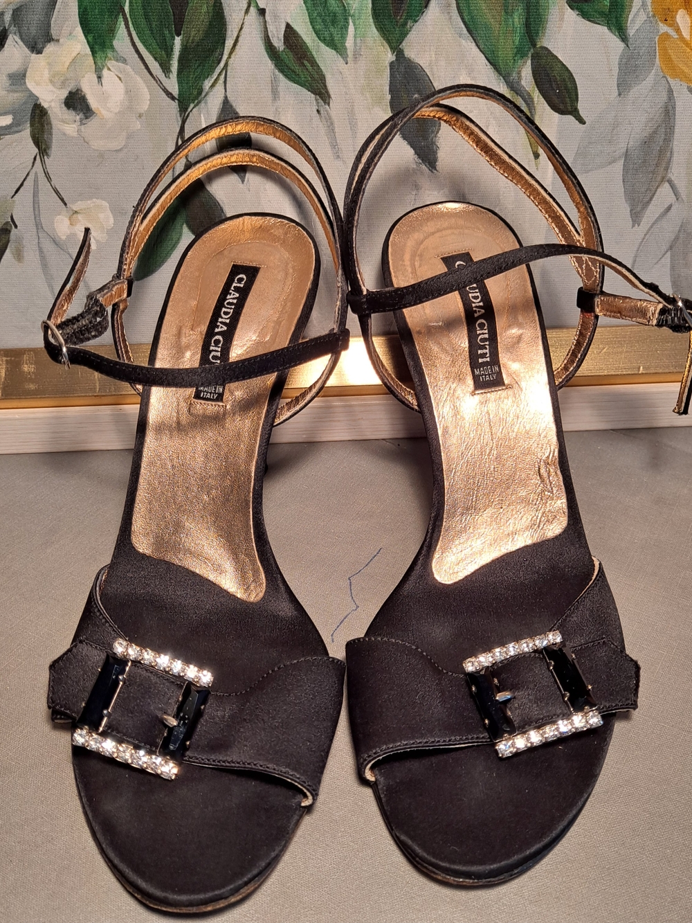 Claudia Ciuti Black Satin Rhinestone Buckle Heels Dressy Formal Classic Timeless